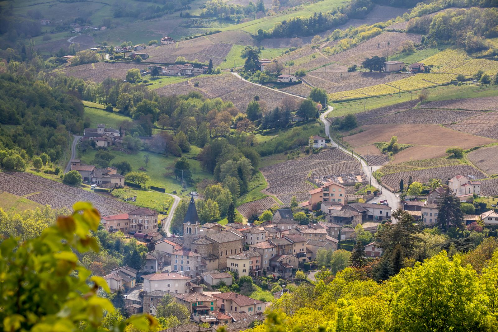 Lush green Beaujolais vineyards stretching across undulating slopes, dotted with hamlets and shaped by granite-rich soils